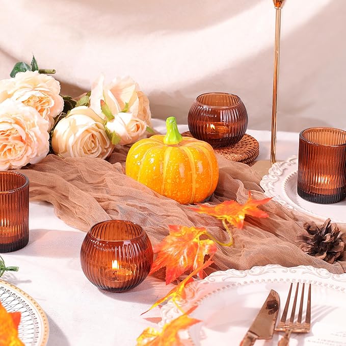 Amber Votive Candle Holders Set of 10, Round Amber Candle Holders Bulk for Tea Light Candle, Fall Centerpieces for Tables, Ribbed Candle Votives for Wedding, Various Parties & Vintage Decor & Gift