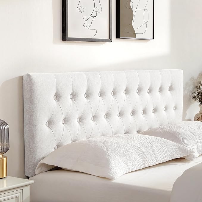 Tufted Upholstered Headboard California King Size, Solid Wood Head Board with Durable Metal Legs, Adjustable Height Bed headboard from 37” to 51” Fabric Headboard in Button Design, White