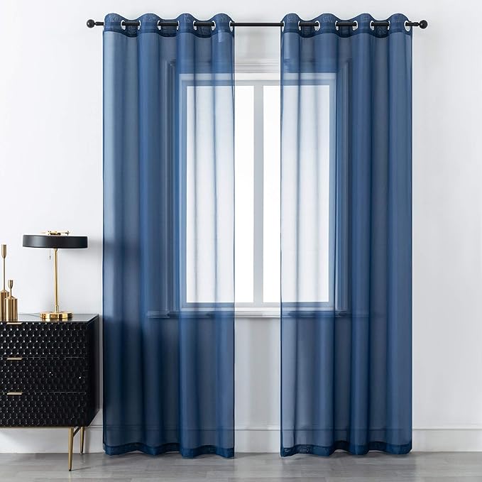DUALIFE Navy Blue Curtains 120 Inches Long for Living Room 2 Panels Window Semi Voile Drapes Extra Length Solid Transparent Dark Blue Curtains for Bedroom Party Backdrop 52x120 Inch Length Indigo Blue