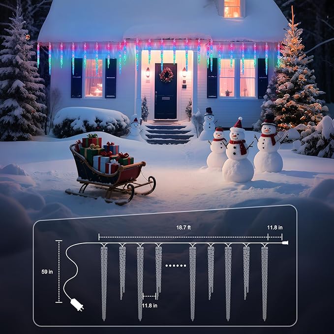 Minetom Icicle Lights Outdoor with Clips, 20ft 100 LED 20 Tubes Twinkling Crystal Icicle String, Connectable Waterproof Hanging Christmas Lights Plug in for Eave Outdoor, Multicolor