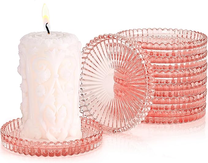 Glass Candle Holders, GOH DODD Set of 8 Crystal Pillar Plates Modern Coasters for Drinks, Centerpiece, Home Decor, Kitchen, Living Room, Patio, Wedding, Halloween, Christmas, Party, Clear Brown