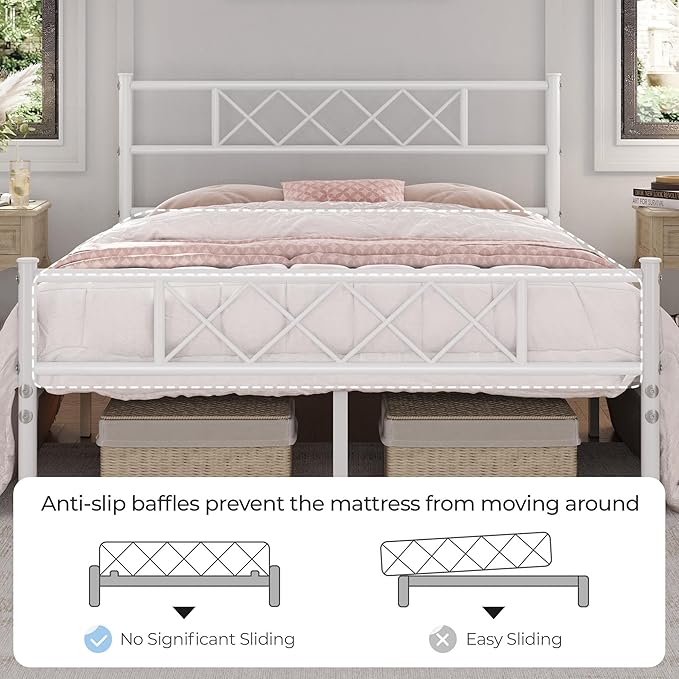 Yaheetech Queen Size Metal Platform Bed Frame with Simple Headboard and Footboard, Mattress Foundation for Under Bed Storage, Steel Slat Support, No Box Spring Needed, Easy Assembly, White