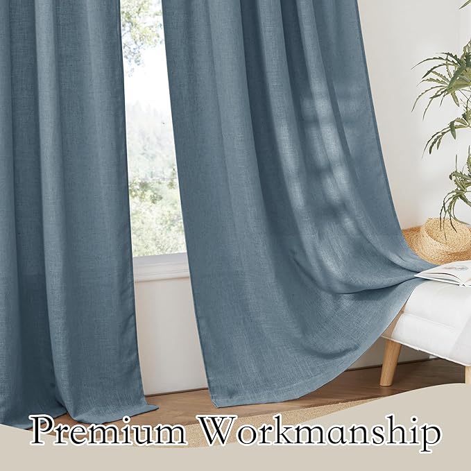RYB HOME Stone Blue Sheer Curtains 84 inch Length Soft Linen Texture Curtains Light Glare Filering Privacy Window Decor for Living Room Sliding Door Picture Window, W 52 x L 84 inch, 2 Panels