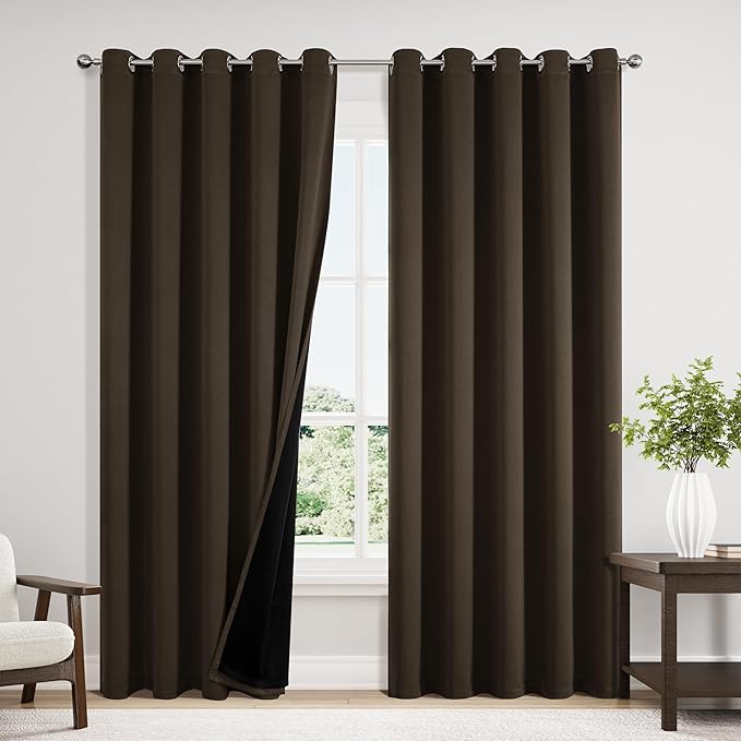 ChrisDowa 100% Blackout Curtains 84 inch Long for Bedroom with Black Liner, Extra Wide 2 Thick Layers Total Blackout Thermal Insulated Grommet Window Curtains 2 Panels Set (Brown, 60 x 84 Inch)