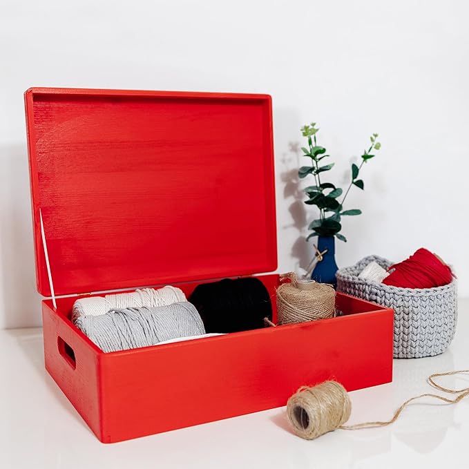 XL Red Wooden Box Storage with Hinged Lid | 15.8 x 11.8 x 5.5 inches (+-0.5) | with Handles | Gift Box Storage Document | Product NOT Intended for 15 Years OR Below