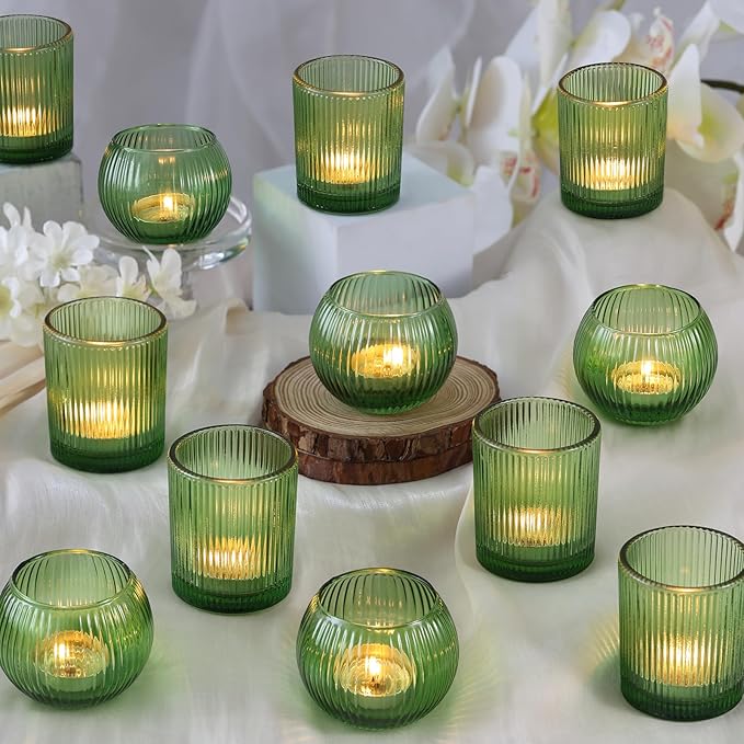 Green Votive Candle Holders Set of 10- Round Green Candle Holders Bulk, Glass Candle Holder for Wedding Home Decoration, Tea Lights Candle Holder for Bridal Shower, Party & Gift
