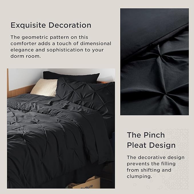 Bedsure Twin XL Comforter Set - Extra Long 5 Pieces Dorm Bedding Sets, GentleSoft™ Pinch Pleat Black Bed in a Bag with Pintuck Comforters, Sheets, Pillowcase & Sham