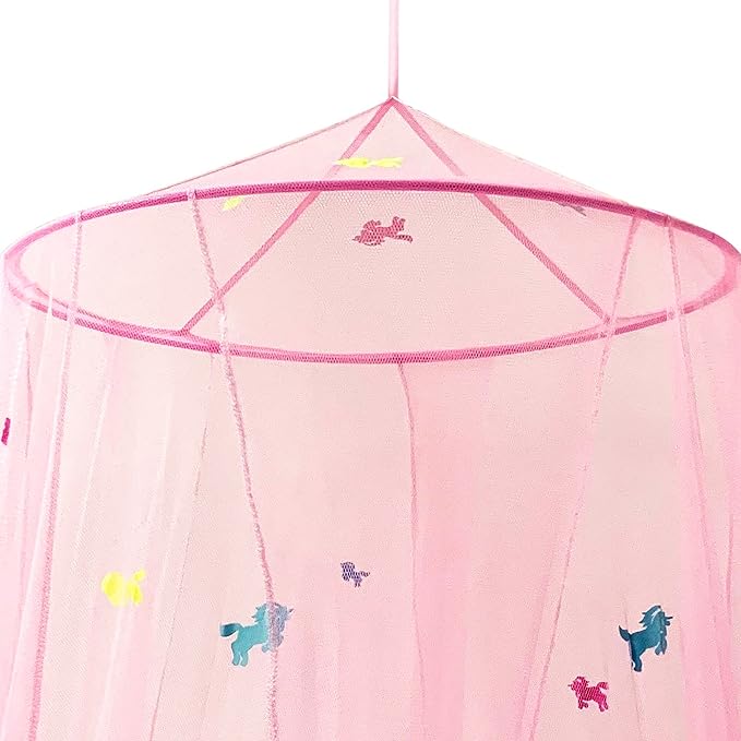Pink Canopy for Girls Bed with Pre-Glued Glow in The Dark Unicorns - Princess Mosquito Net Room Decor - Kids & Baby Bedroom Tent with Galaxy Lights - 1 Opening Canopy Bed & Hanging Kit Included