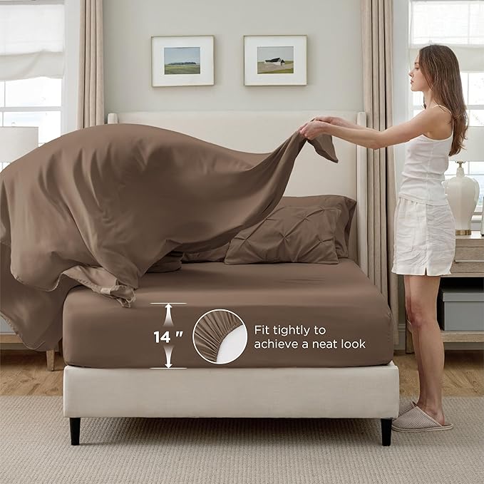 Bedsure King Size Comforter Set Brown - Bed in a Bag Bedding Set 7 Pieces, GentleSoft™ Pintuck Bed Set Gift for Family, Pinch Pleat Brown Comforter with Sheets, Pillowcases & Shams