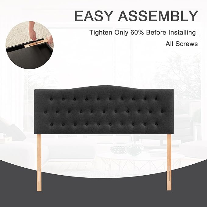 Tufted Upholstered Headboard Queen Size, Sturdy and Durable Solid Wood Bed headboard, Fabric Headboard Adjustable Height from 37” to 51”, Modern Button Diamond Design Head Board, Black