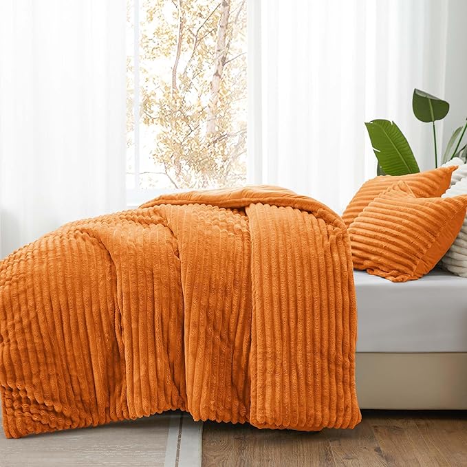 BEDELITE Fleece California King Comforter Set -Super Soft & Warm Fluffy Burnt Orange Bedding, Luxury Fuzzy Heavy Bed Set for Winter with 2 Pillow Cases