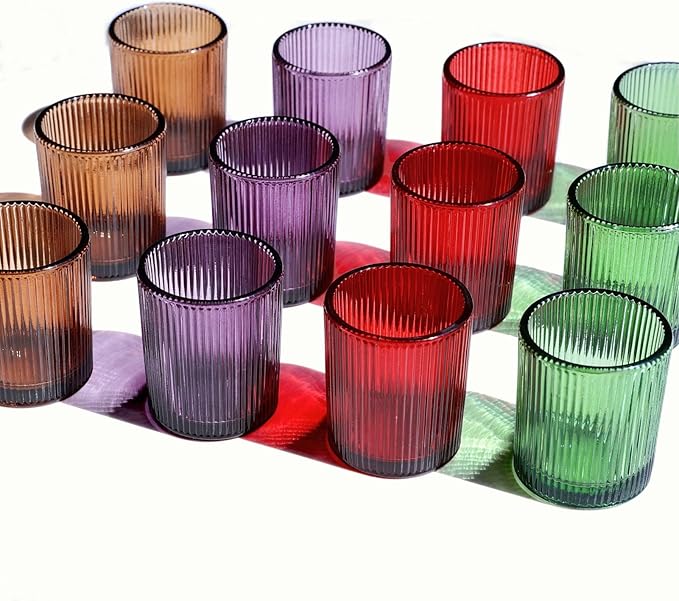 VOHO 24pcs Multicolor Tealight Candle Holder, Vintage Ribbed Tea Light Candle Holder Glass for Room Decor, 4 Color Votive Candle Holders for Table Centerpiece(Green/Red/Purple/Amber)