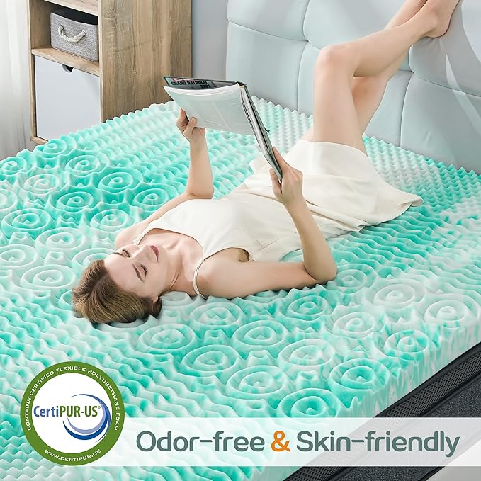 SINWEEK Mattress Topper Memory Foam Mattress Topper 1.5 Inch Queen Soft Mattress Pad for Pressure Relief, 5-Zone Design, CertiPUR-US Certified, Green