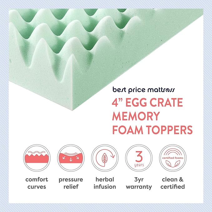 Best Price Mattress 4 Inch Egg Crate Memory Foam Mattress Topper with Calming Aloe Infusion, CertiPUR-US Certified, King