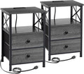 AMHANCIBLE Night Stand Set 2, Nightstand with Charging Station, End Tables Living Room with USB Ports and Outlets, Bedside Tables with Fabric Drawers for Bedroom, Dark Grey HET05XDG