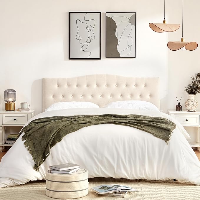 Tufted Upholstered Headboard Full Size, Sturdy and Durable Solid Wood Full XL headboard, Fabric Headboard Adjustable Height from 37” to 51”, Modern Button Diamond Design Head Board, Beige