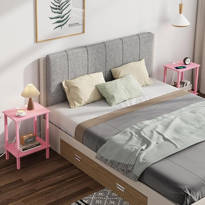 TUTOTAK End Table with Charging Station, Set of 2, Small Side Table with Outlets, Nightstand Bedside Table, 2-Tier Storage Shelf for Small Space, Living Room, Bedroom Pink TB01BP041