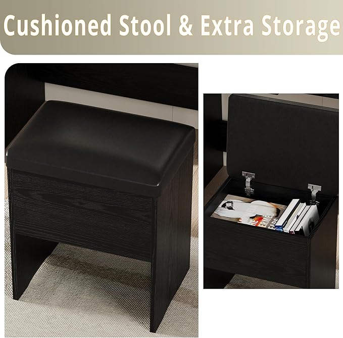 IRONCK Vanity Desk Set with LED Lighted Mirror & Power Outlet, Makeup Vanity Table with 4 Drawers,Storage Bench,for Bedroom, Bathroom, Black