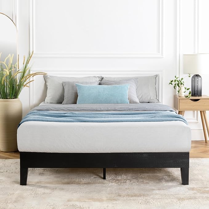Mellow Naturalista Grand 12 Inch Solid Wood Platform Bed with Wooden Slats, Easy Assembly, Queen, Black
