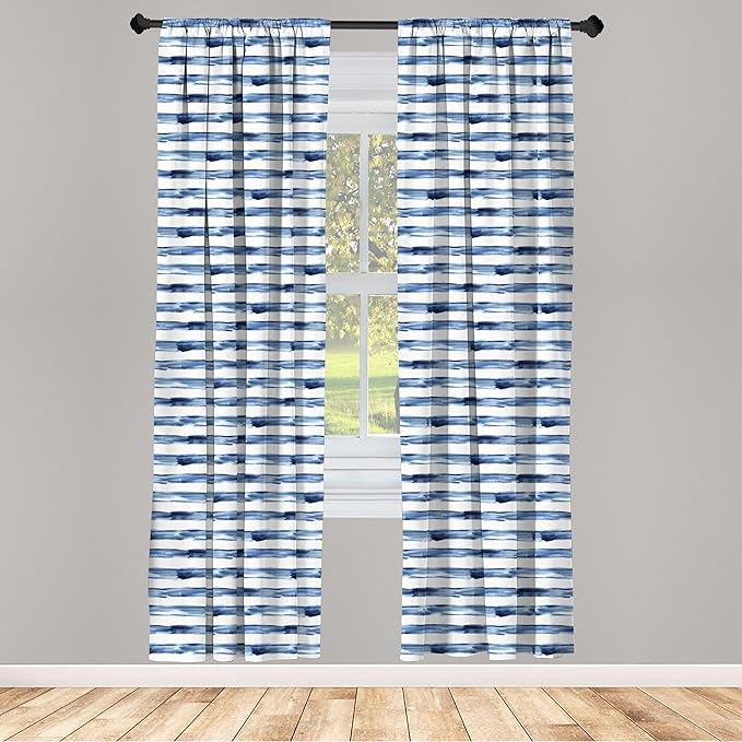 Ambesonne Harbour Stripe Window Curtains, Watercolor Style Paintbrush Stripes Sea Marine Life Lines Image, Lightweight Decor 2-Panel Set with Rod Pocket, Pair of - 28" x 84", Blue Night