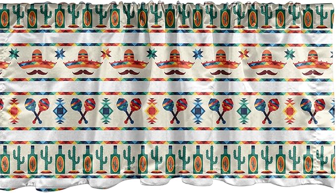 Ambesonne Mexican Window Valance, Latin American Cultural Native Borders Indigenous Saguaro Sombrero Tequila Bottle, Curtain Valance for Kitchen Bedroom Decor with Rod Pocket, 42" x 12", Jade Green