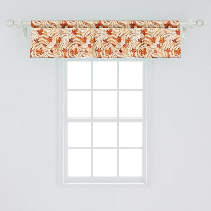 Ambesonne Fall Window Valance, Autumnal Theme with Swirly Intricate Shapes and Flying Leaves Print, Curtain Valance for Kitchen Bedroom Decor with Rod Pocket, 54" X 12", Ginger Marigold and Beige