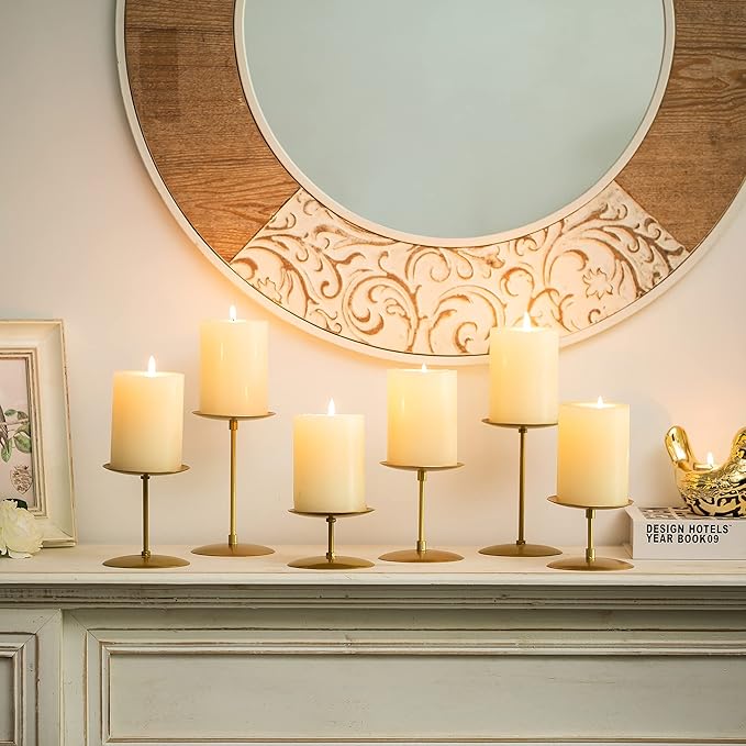 Pillar Candle Holders Candelabra Gold - Set of 12 Bulk Candle Stand Iron Plate Minimalism Modern Home Mantel Dinning Table Decorations Centerpiece for Wedding, Party, Housewarming, Events