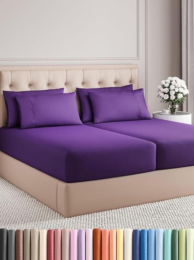 Split King 7 Piece Sheet Set - Comfy Breathable & Cooling - Ultra-Soft Hotel Luxury Bedding Set w/ 8-16 Inch Deep Pockets - 1 Flat & 2 Fitted Sheet & 4 Pillowcases - Wrinkle Free & Easy Care - Purple