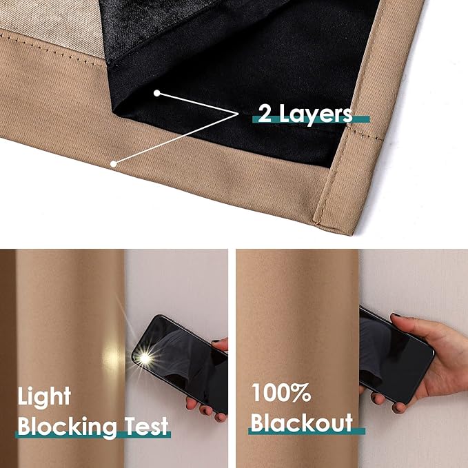 ChrisDowa 100% Blackout Curtains 63 inch Long for Bedroom with Black Liner, 2 Thick Layers Total Blackout Thermal Insulated Grommet Window Curtains 2 Panels Set (Cappuccino, 38 x 63 Inch)