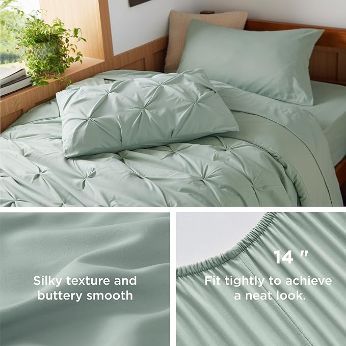 Bedsure Twin XL Comforter Set - Extra Long 5 Pieces Dorm Bedding Sets, GentleSoft™ Pinch Pleat Sage Green Bed in a Bag with Pintuck Comforter, Sheets, Pillowcase & Sham