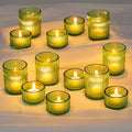Glasseam Glass Votive Candle Holder: Set of 24 Green Ribbed Small Tea Light Holders Assorted Decorative Vintage Tealight Holder Bulk for Christmas Wedding Table Centerpieces