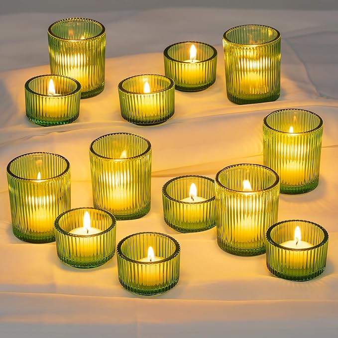 Glasseam Glass Votive Candle Holder: Set of 24 Green Ribbed Small Tea Light Holders Assorted Decorative Vintage Tealight Holder Bulk for Christmas Wedding Table Centerpieces