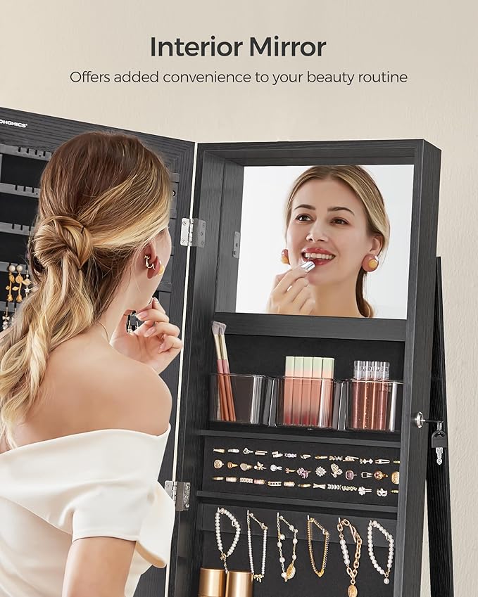 SONGMICS 360° Swivel Jewelry Cabinet, Lockable Jewelry Organizer with Full-Length Mirror, Rear Storage Shelves, Interior Mirror, Jewelry Armoire, Christmas Gifts for Women, Gift Idea, Black UJJC006B01