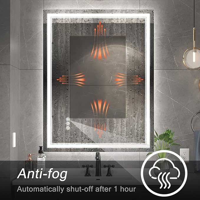 24x32 Inch Led Mirror for Bathroom with Front Light and Backlit, Dimmable Anti Fog Wall Bathroom Mirror with Led Lights, Water Proof, Decor Vanity Mirror