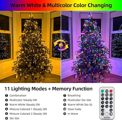 170FT 500 LED Christmas Lights Outdoor Indoor, Waterproof Color Changing Christmas Tree Lights with Timer, Memory (Warm White+Mulitcolor)