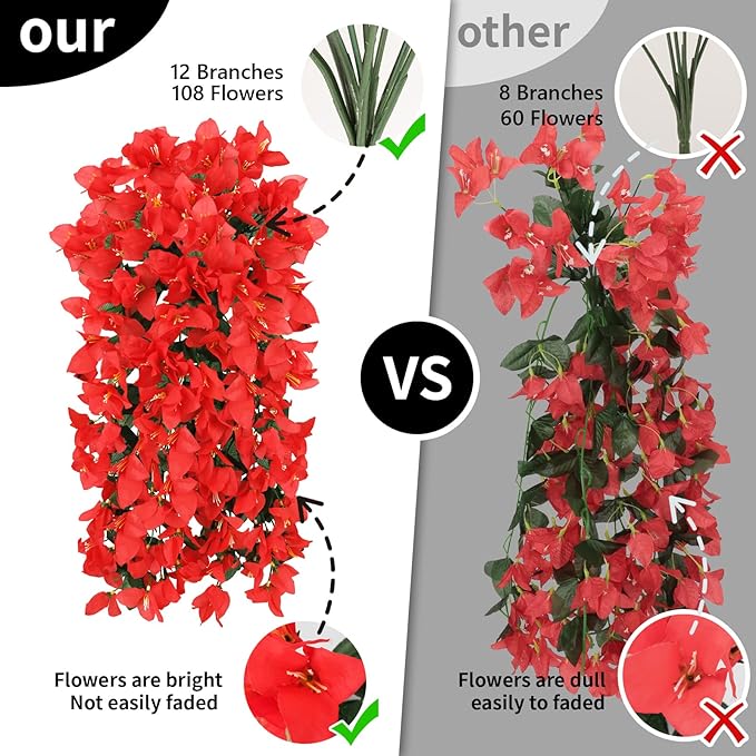 NESCCI Bougainvillea Artificial Flowers Plants for Outdoor Outside Fall Autumn Decor, 2 PCS Faux Silk Long Trailing Vines UV Resistant Fake Flowers for Front Door Porch Planter Urn Patio