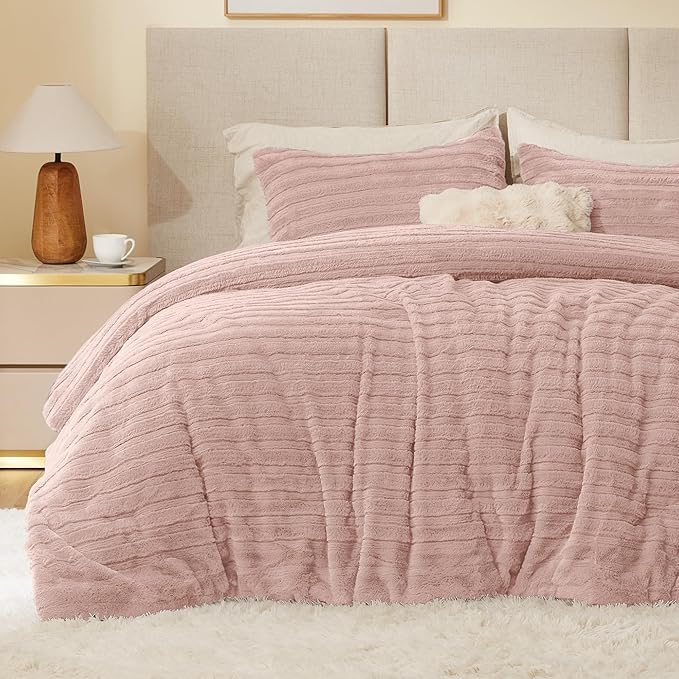 BEDELITE Fleece Twin Comforter Set -Super Soft & Warm Fluffy Pink Faux Fur Bedding, Luxury Fuzzy Heavy Bed Set for Winter with 1 Pillow case