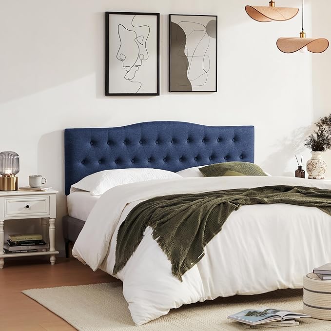 Tufted Upholstered Headboard Full Size, Sturdy and Durable Solid Wood Full XL headboard, Fabric Headboard Adjustable Height from 37” to 51”, Modern Button Diamond Design Head Board, Blue