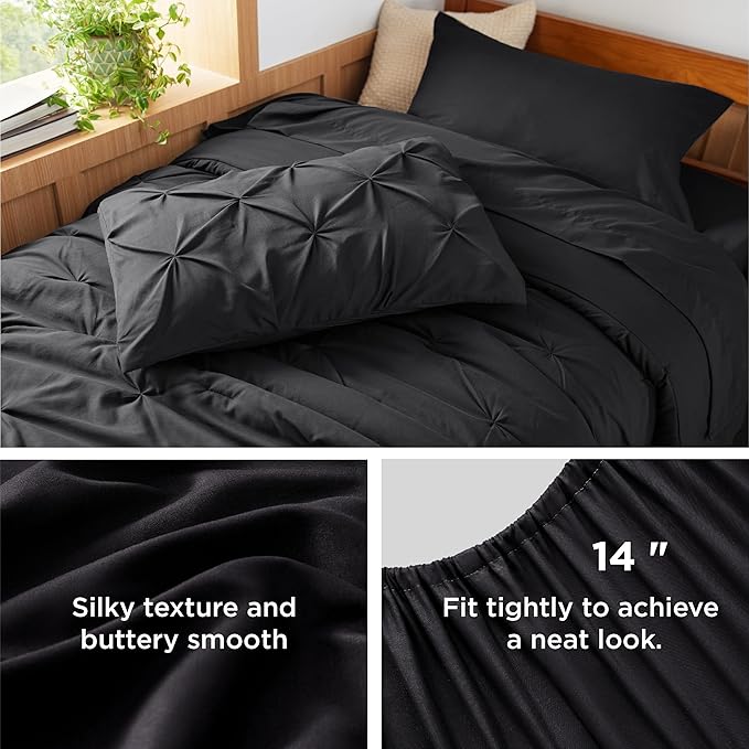 Bedsure Twin XL Comforter Set - Extra Long 5 Pieces Dorm Bedding Sets, GentleSoft™ Pinch Pleat Black Bed in a Bag with Pintuck Comforters, Sheets, Pillowcase & Sham