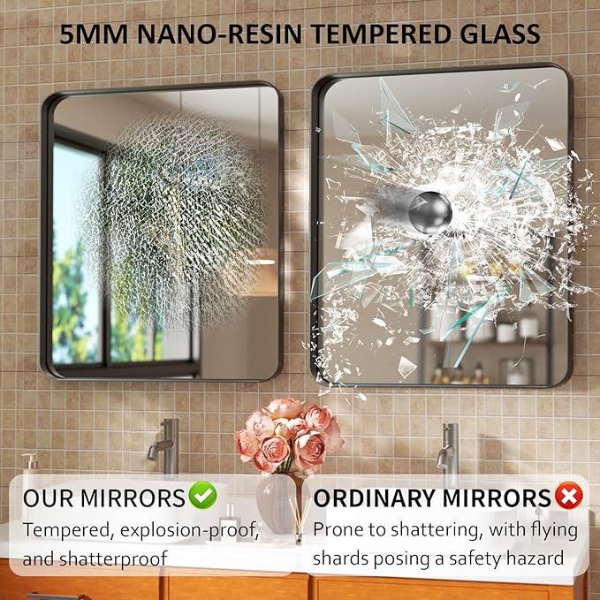 28×32 Black Frame Mirror for Over Sink - Rectangular Decorative Bathroom Mirrors with Rounded Corners & Aluminium Frame, Tempered-Glass, Restroom, Entryway, Wall, Vanity