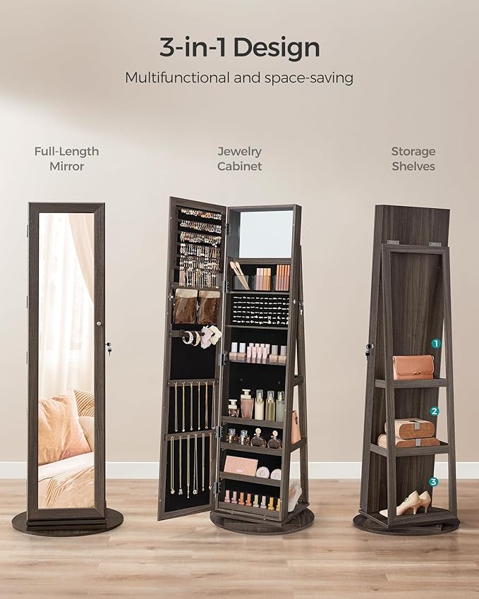 SONGMICS 360° Swivel Jewelry Cabinet, Lockable Jewelry Organizer with Full-Length Mirror, Rear Storage Shelves, Interior Mirror, Jewelry Armoire, Christmas Gifts for Women, Ash Brown UJJC006K02