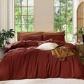 MooMee Bedding Duvet Cover Set 100% Washed Cotton Linen Like Textured Breathable Durable Soft Comfy (Solid Fired Brick Red, Queen 90"x90")