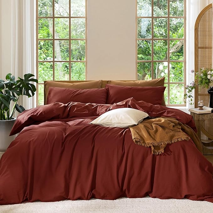 MooMee Bedding Duvet Cover Set 100% Washed Cotton Linen Like Textured Breathable Durable Soft Comfy (Solid Fired Brick Red, Queen 90"x90")
