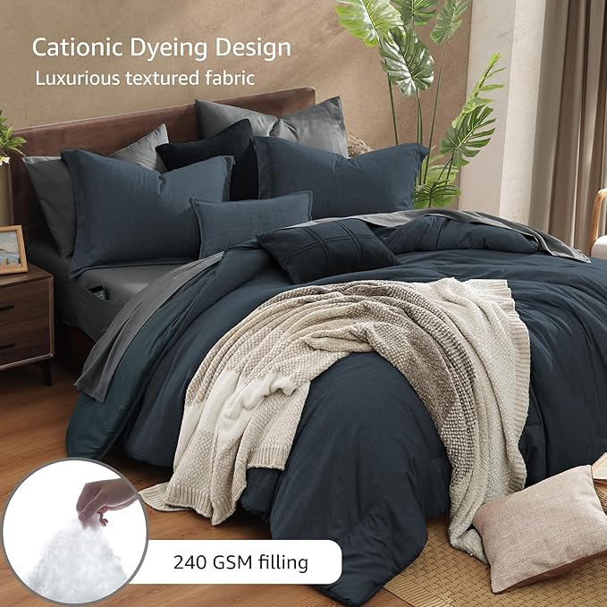 Monbix Queen Comforter Set - 7 Pieces Cationic Dyeing Navy Blue Bed in a Bag Queen Bedding Sets with Comforter, Sheets, Pillowcases & Shams, Reversible Bedding Comforters Sets