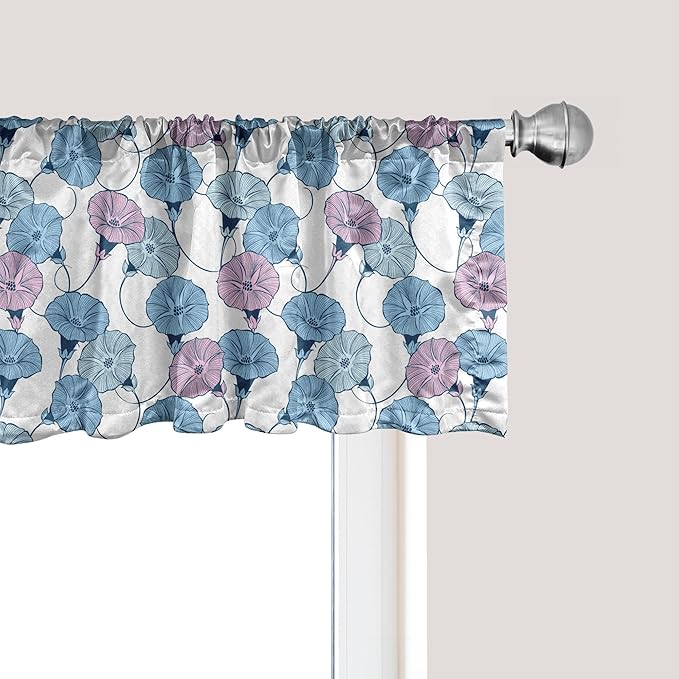 Ambesonne Flower Window Valance Pack of 2, Delicate Pastel Spring Trill Bindweeds, Rod Pocket Curtain Valances for Kitchen Bedroom, 42" X 18", Blue Grey Mauve
