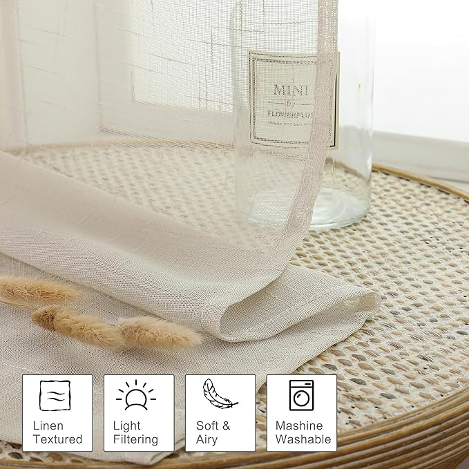Aiyufeng Faux Linen Sheer Curtains 54 Inch Length 2 Panel Set, Fresh Farmhouse 54 Inch Long Sheer Linen Look Airy & Lightweight Elegant Window Treatments for Bedroom/Living Room/Kitchen, 30Wx54L inch