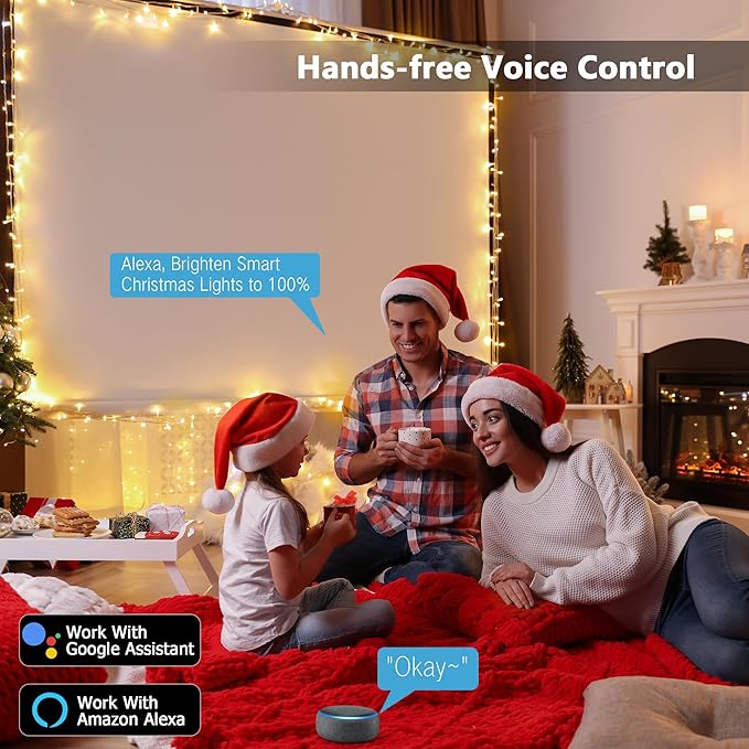 BrizLabs Smart Christmas Lights, 66FT 200 LED Christmas Lights with App/Voice Control, 8 Modes Dimmable Warm White Mini Fairy Light String, Music Sync Party Light Clear Wire for Indoor Outdoor Decor