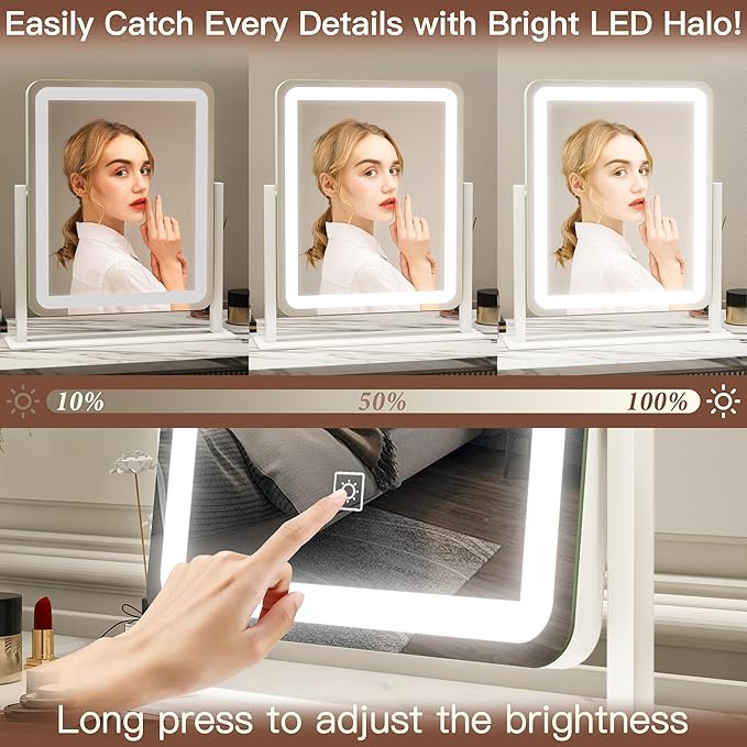 FENNIO Vanity Mirror with Lights - 15"x12.6" LED Lighted Makeup Mirror, Large Makeup Mirror with Lights, Touch Screen with 3-Color Lighting, Dimmable, for Vanity Desk Tabletop, Bedroom