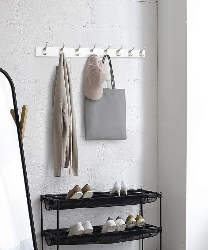 Amazon Basics Wall Mounted Modern Coat Rack with Versatile Storage Hooks, Rectangular, 8-Hook, White