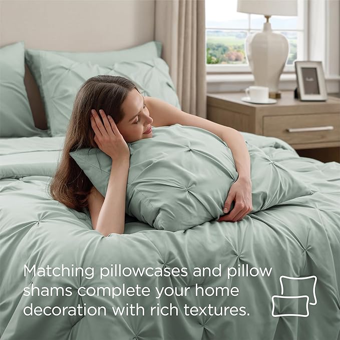 Bedsure King Size Comforter Set Sage Green - Bed in a Bag Bedding Set 7 Pieces, GentleSoft™ Pintuck Bed Set Gift for Family, Pinch Pleat Sage Green Comforter with Sheets, Pillowcases & Shams